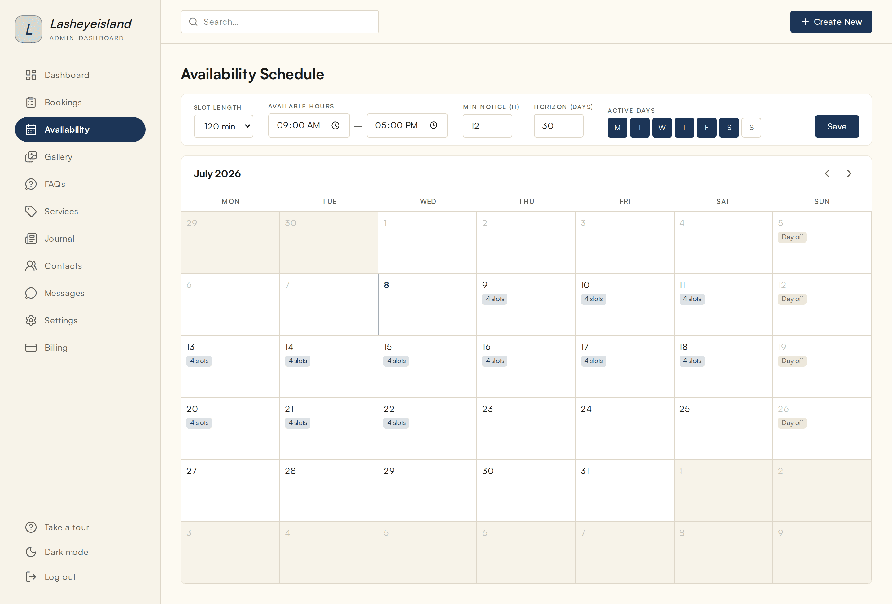 The Availability schedule in Wahy admin: hours, notice period and a booked calendar