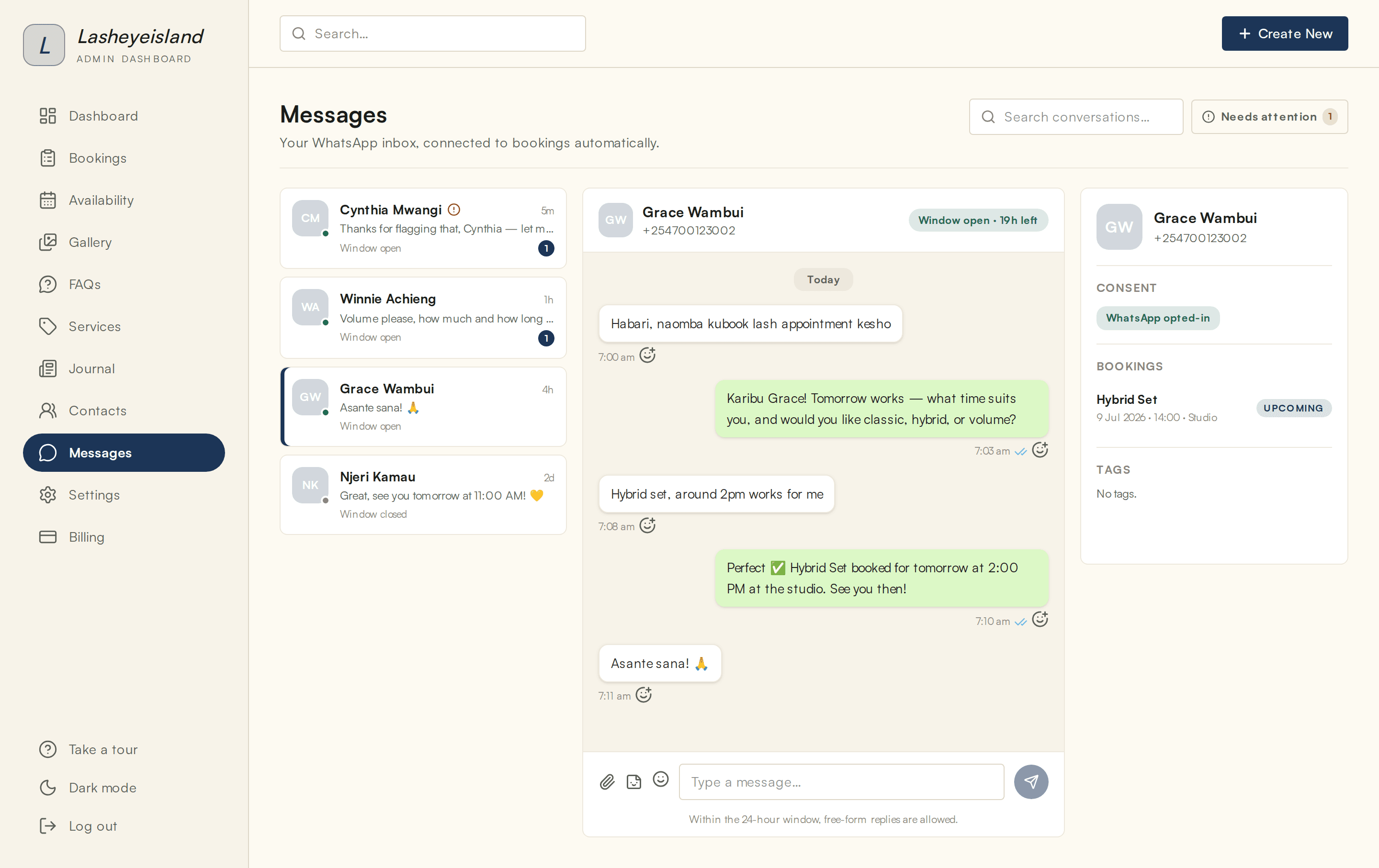 The Wahy admin WhatsApp inbox: a client thread ending in a confirmed booking
