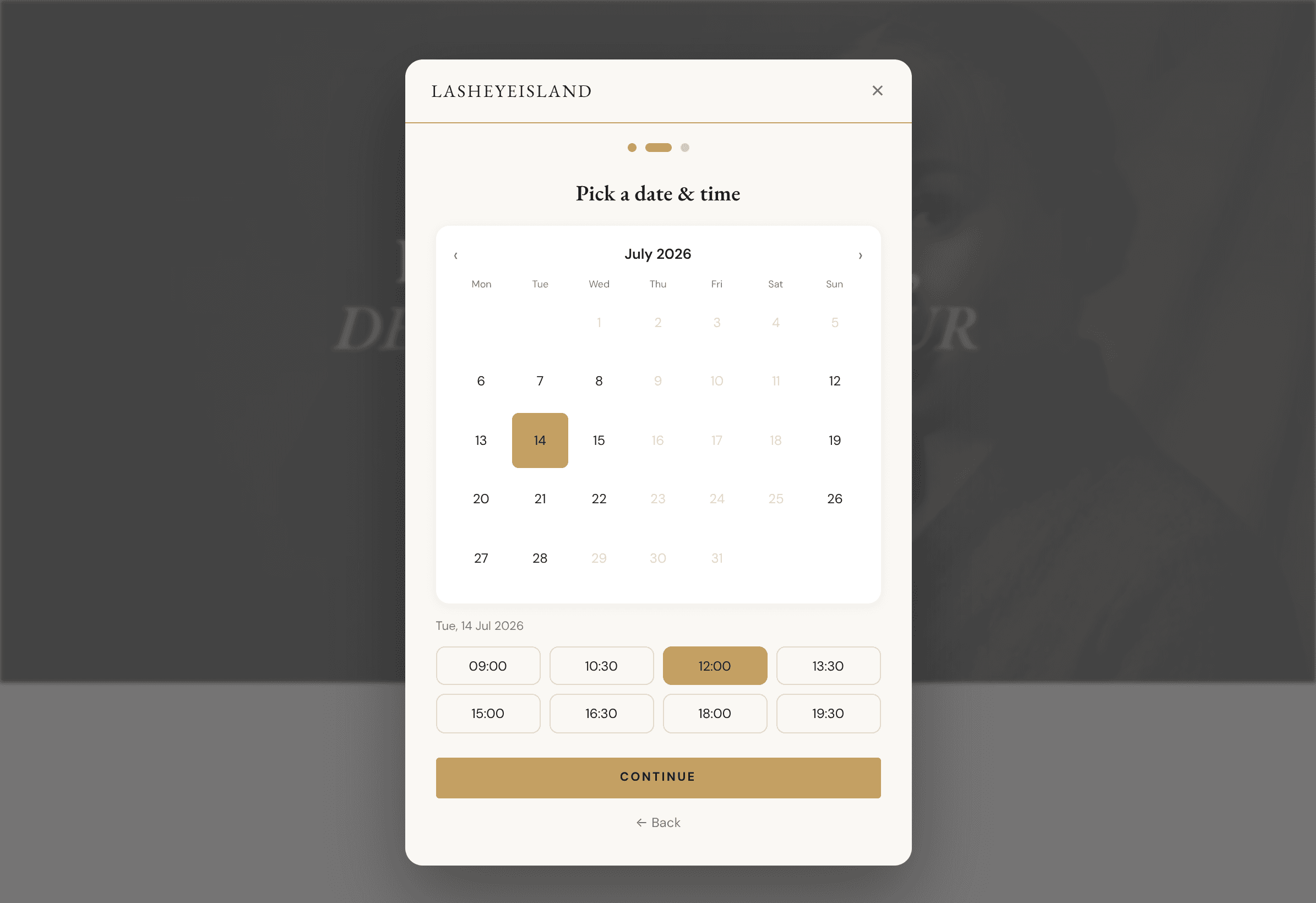 The booking date and time step, as a client sees it