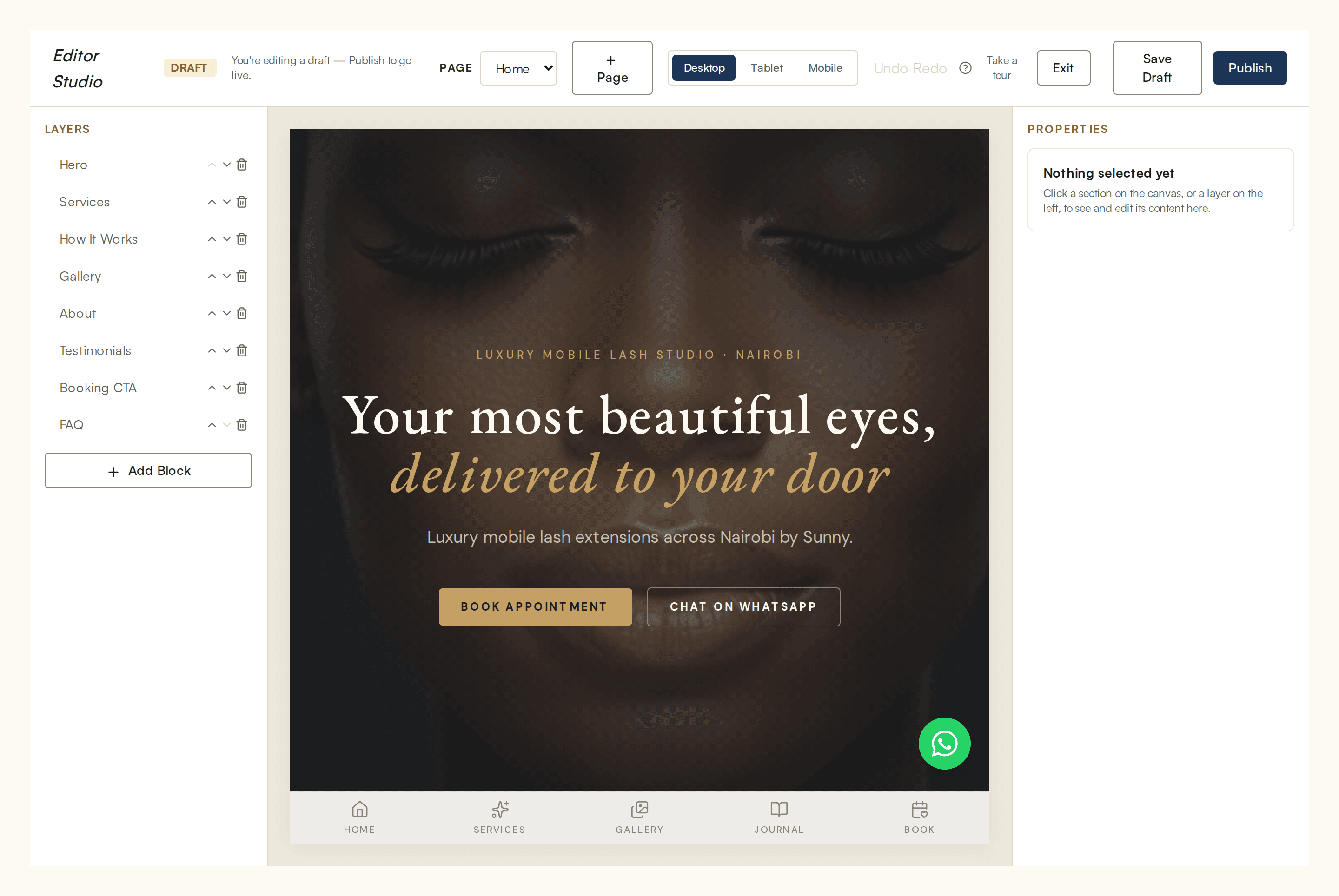 The Studio editor: page list, live preview and properties panel, editing the real Lasheyeisland site